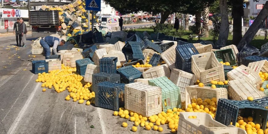 Kamyonun kasası yan yattı, limonlar etrafa saçıldı