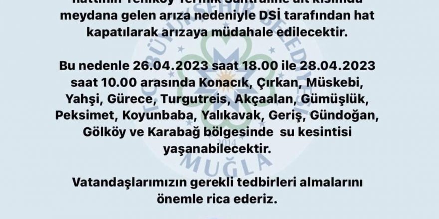 Bodrum'un 15 mahallesinde 2 günlük su kesintisi