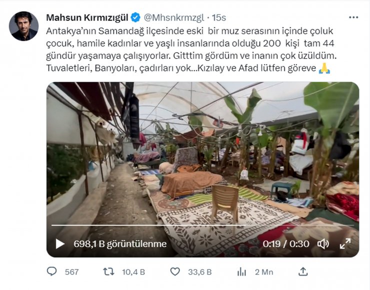 Mahsun Kırmızıgül paylaşıp yardım istedi; Samandağ'da 200 kişi muz serasında yaşıyor